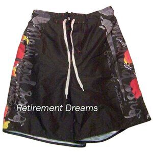 Maui And Sons Size L Mens Swim Trunks Hibiscus Floral Black Red White NEW